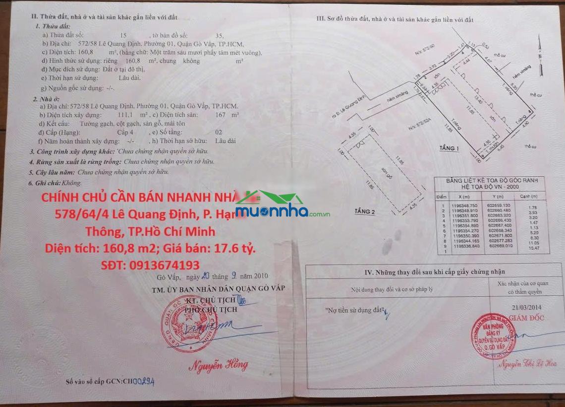 Chính chủ cần bán nhanh nhà tại lê quang định, phường 1, quận gò vấp, tp hồ chí minh