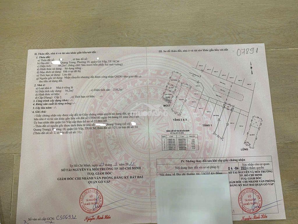 Bán nhà quang trung  dt 4 x 16 khu phân lô - giá 10,9ty - 2