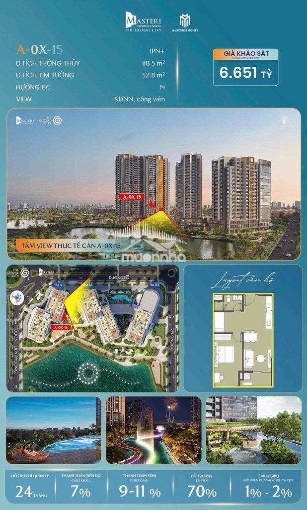 Masteri cosmo central – căn 1pn+ view hồ đẹp nhất 48.5m² giỏ hàng đq