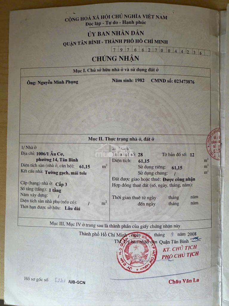 Gửi môi giới hh 100tr,  1006/1 âu cơ, tân bình 8.95 tỷ, 3 tầng.