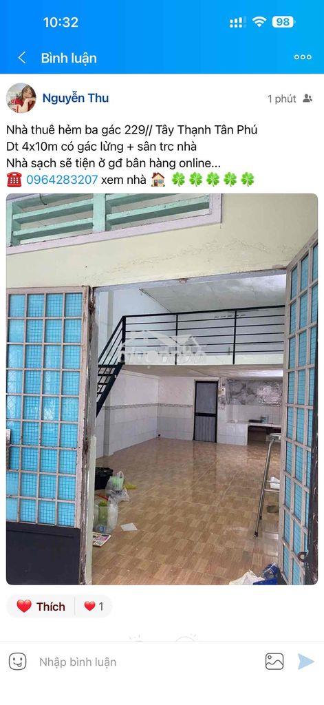 Nhà thuê hẻm ba gác 229// tây thạnh tân phú  dt 4x10m có gác lửng + sâ - Ảnh 2