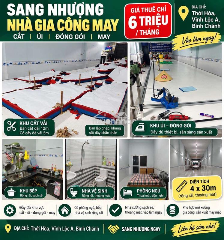 Sang lại nhà cắt may - 4x30, 1 phòng ngủ, phòng khách trống dài 15m