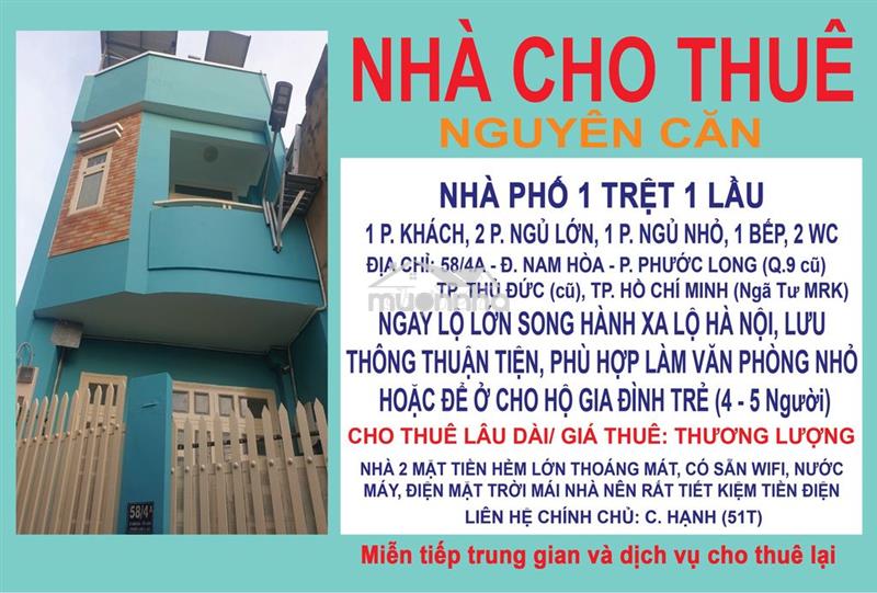 Cho thuê nhà nguyên căn 1 trệt 1 lầu